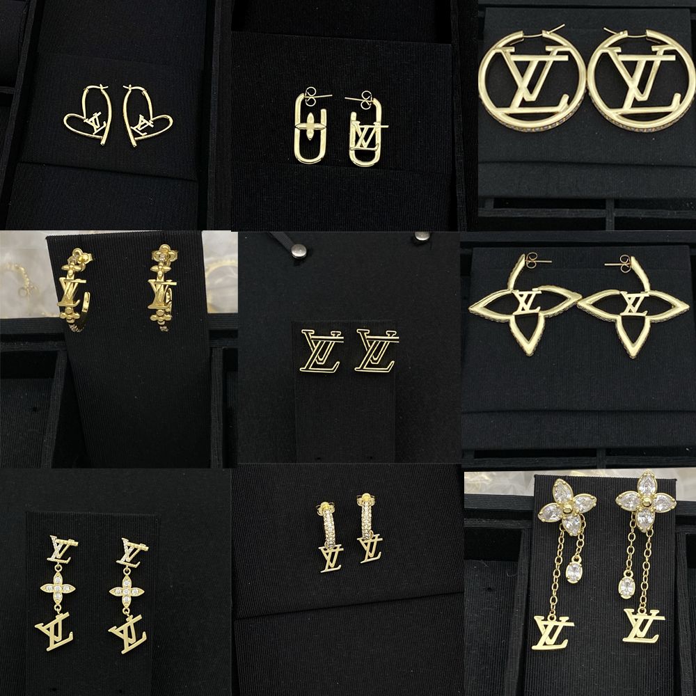 Fashion Women Brass Designer Gold Plated Copper Earrings Flower Letter Stud Crystal Pearl Wedding Jewelry Never Fading - 1 of 7